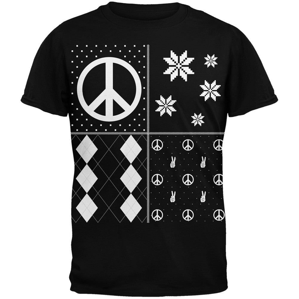 Peace Sign Festive Blocks Ugly Christmas Sweater Black Adult T-Shirt Men's T-Shirts Old Glory