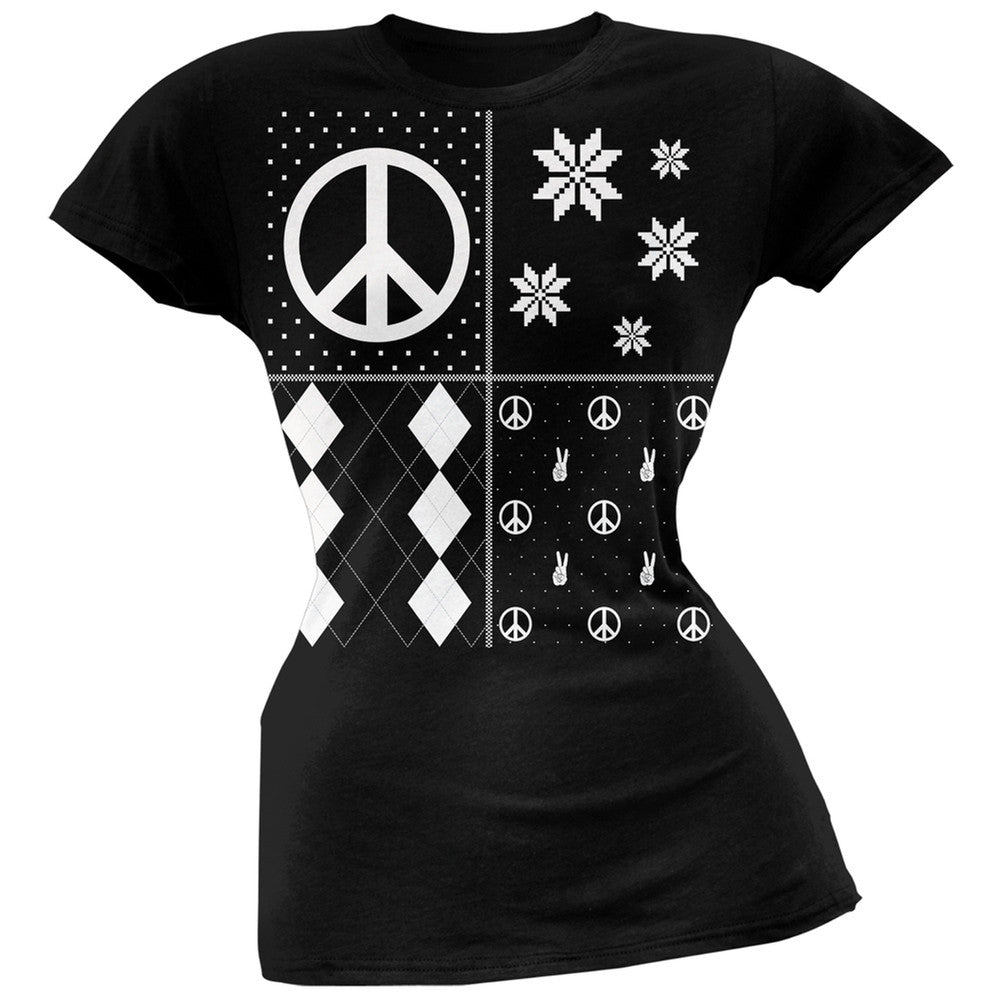 Peace Sign Festive Blocks Ugly Christmas Sweater Black Soft Juniors T-Shirt Juniors T-Shirts Old Glory