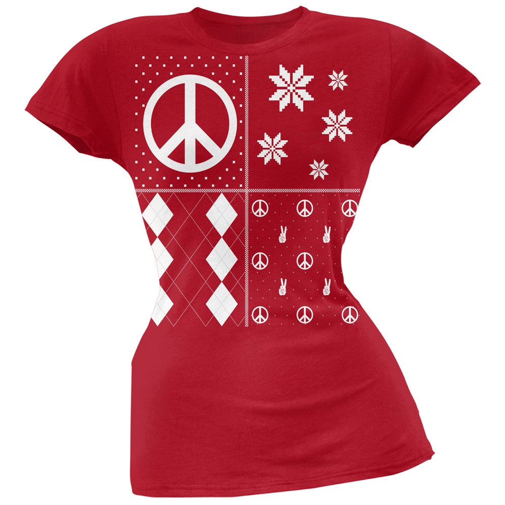 Peace Sign Festive Blocks Ugly Christmas Sweater Black Soft Juniors T-Shirt Juniors T-Shirts Old Glory