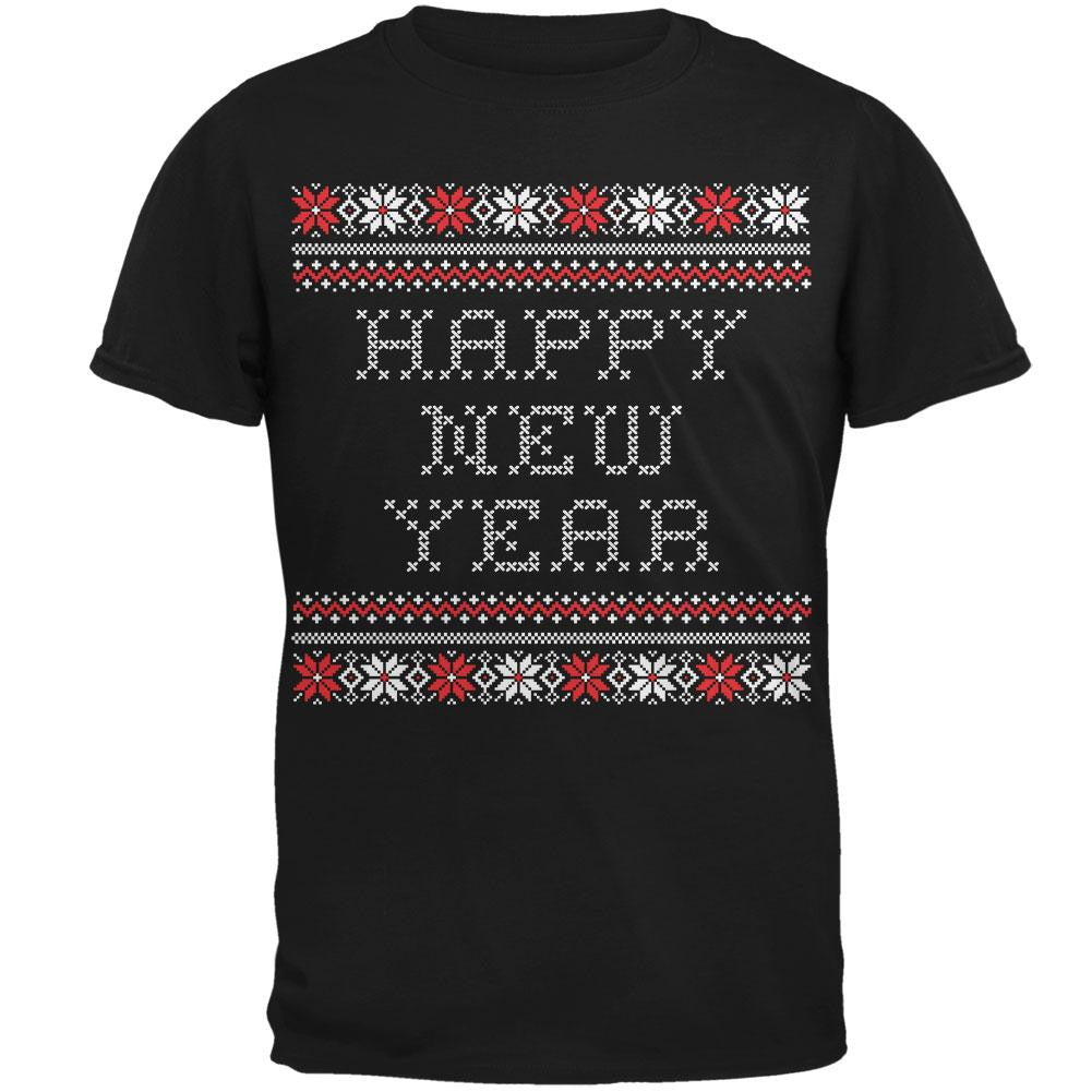 Happy New Year Ugly Christmas Sweater Black Adult Short Sleeve T-Shirt Men's T-Shirts Old Glory