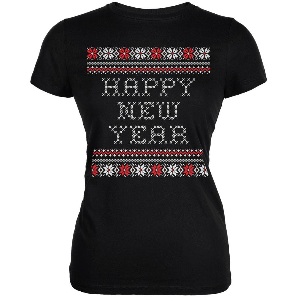 Happy New Year Ugly Christmas Sweater Black Juniors T-Shirt Juniors T-Shirts Old Glory
