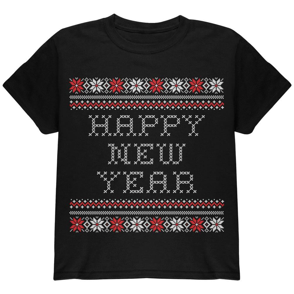 Happy New Year Ugly Christmas Sweater Black Youth T-Shirt Youth T-Shirts Old Glory