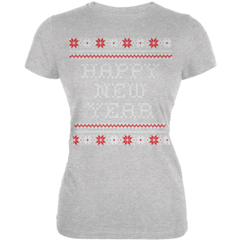 Happy New Year Ugly Christmas Sweater Black Juniors T-Shirt Juniors T-Shirts Old Glory