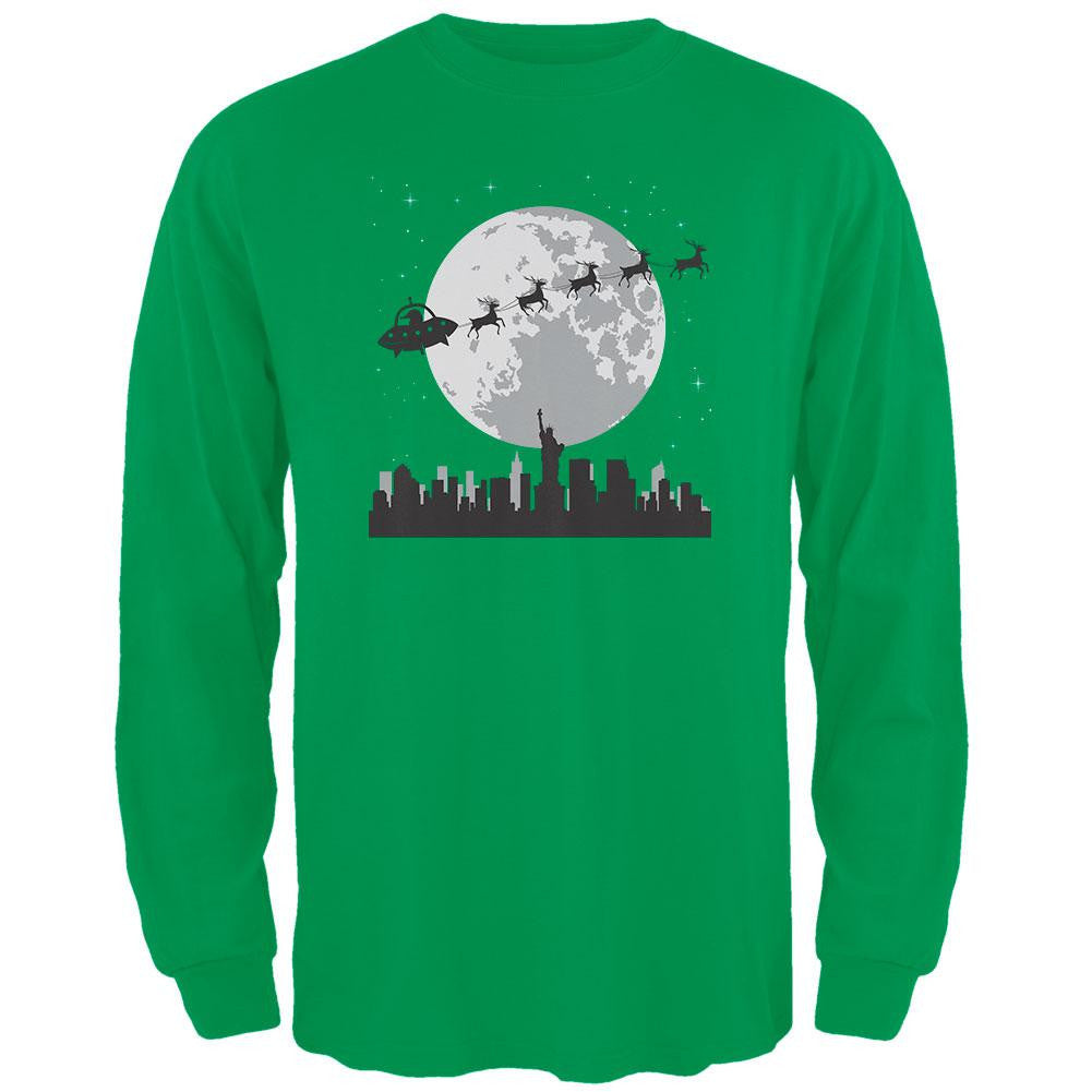 Alien Santa Sleigh Dark Green Adult Long Sleeve T-Shirt Men's Long Sleeves Old Glory