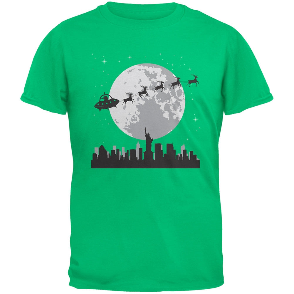 Alien Santa Sleigh Dark Green Adult T-Shirt Men's T-Shirts Old Glory 2XL Green