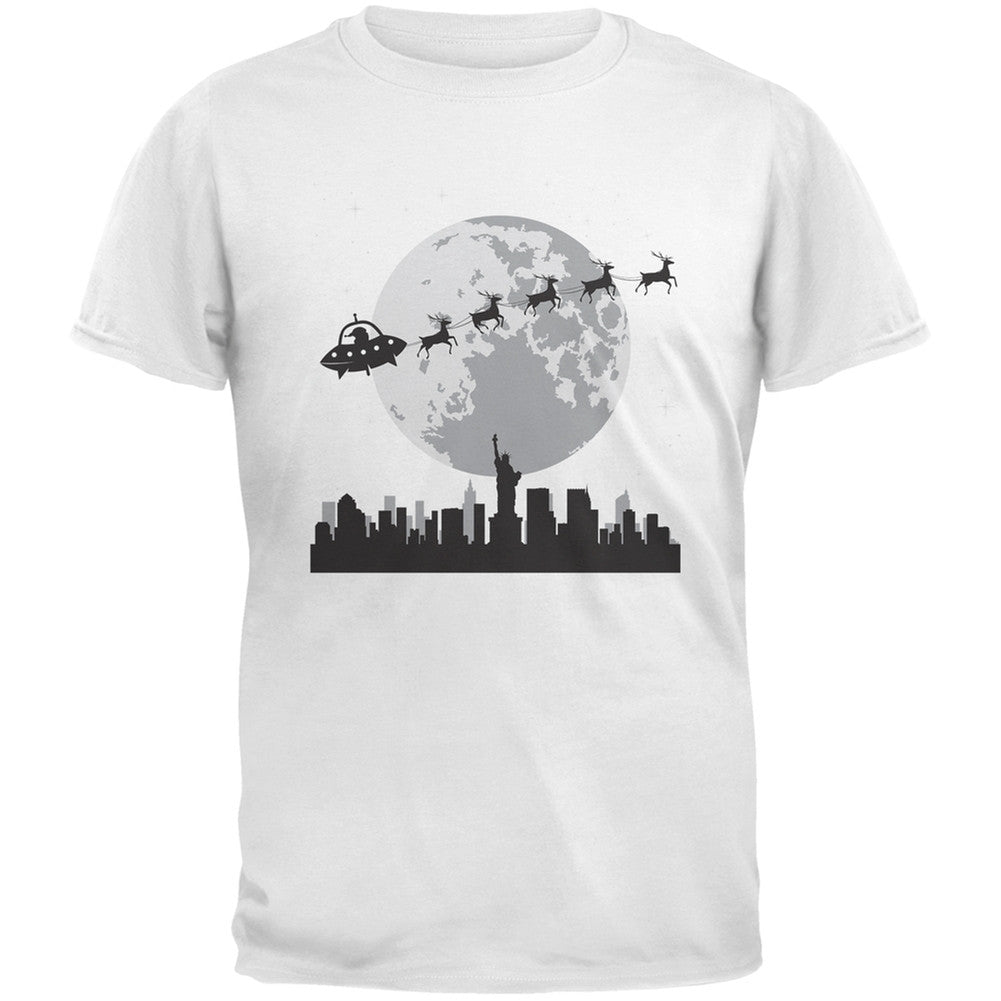 Alien Santa Sleigh Dark Green Adult T-Shirt Men's T-Shirts Old Glory 2XL White