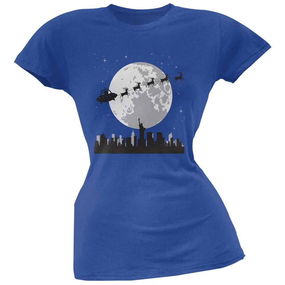 Alien Santa Sleigh Blue Soft Juniors T-Shirt Juniors T-Shirts Old Glory 2XL Blue