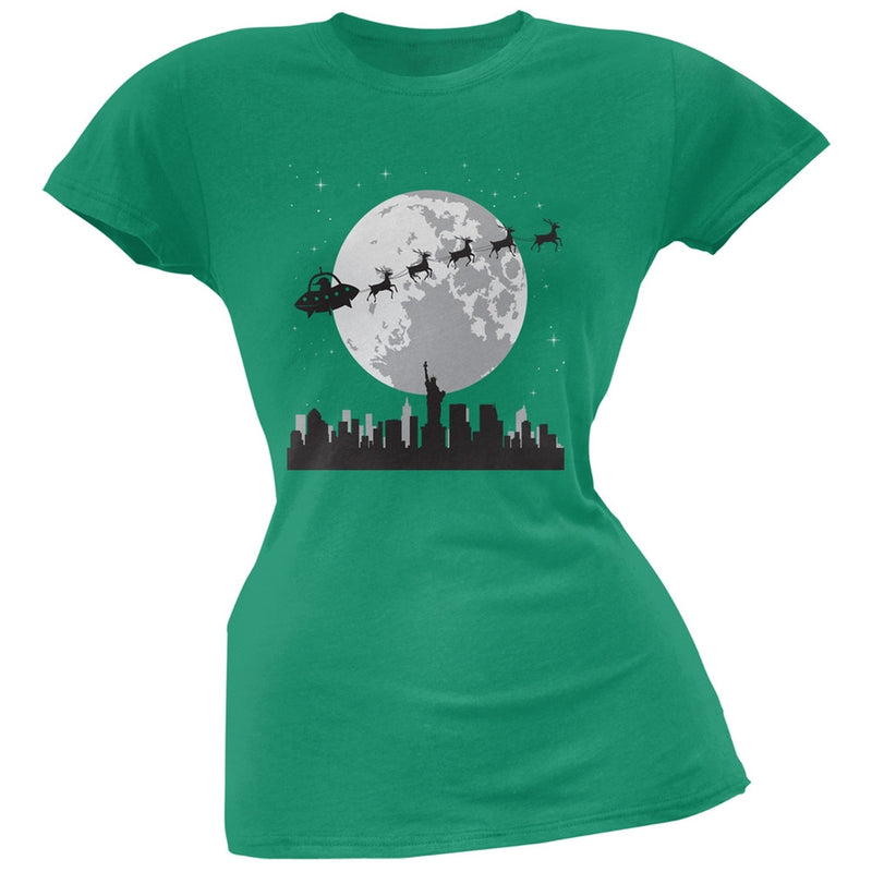 Alien Santa Sleigh Blue Soft Juniors T-Shirt Juniors T-Shirts Old Glory 2XL Green
