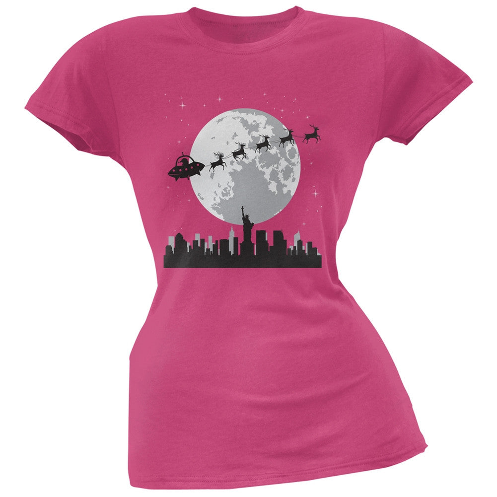 Alien Santa Sleigh Blue Soft Juniors T-Shirt Juniors T-Shirts Old Glory 2XL Pink