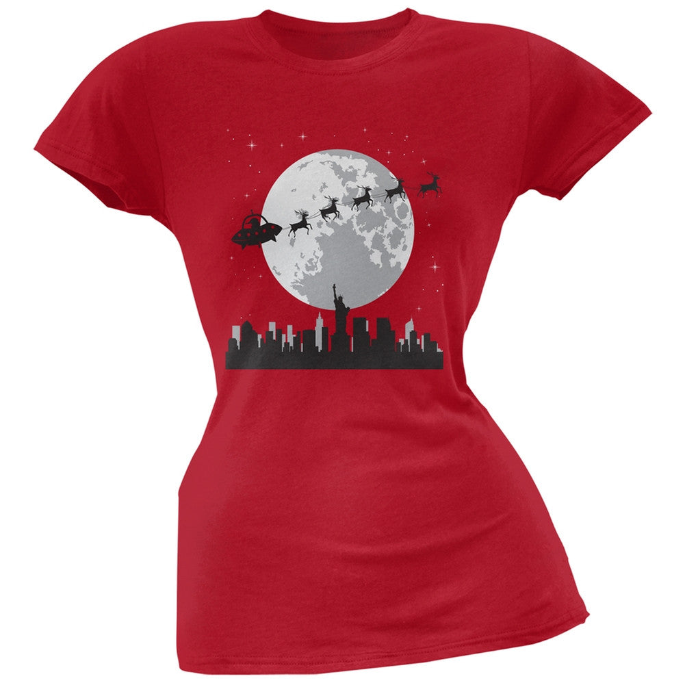 Alien Santa Sleigh Blue Soft Juniors T-Shirt Juniors T-Shirts Old Glory 2XL Red