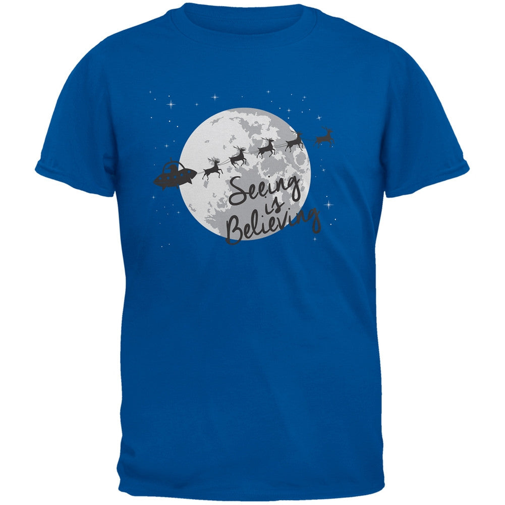 Seeing Is Believing Alien Santa Blue Adult T-Shirt Men's T-Shirts Old Glory 2XL Blue