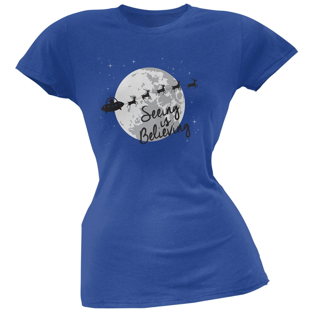 Seeing Is Believing Alien Santa Blue Soft Juniors T-Shirt Juniors T-Shirts Old Glory