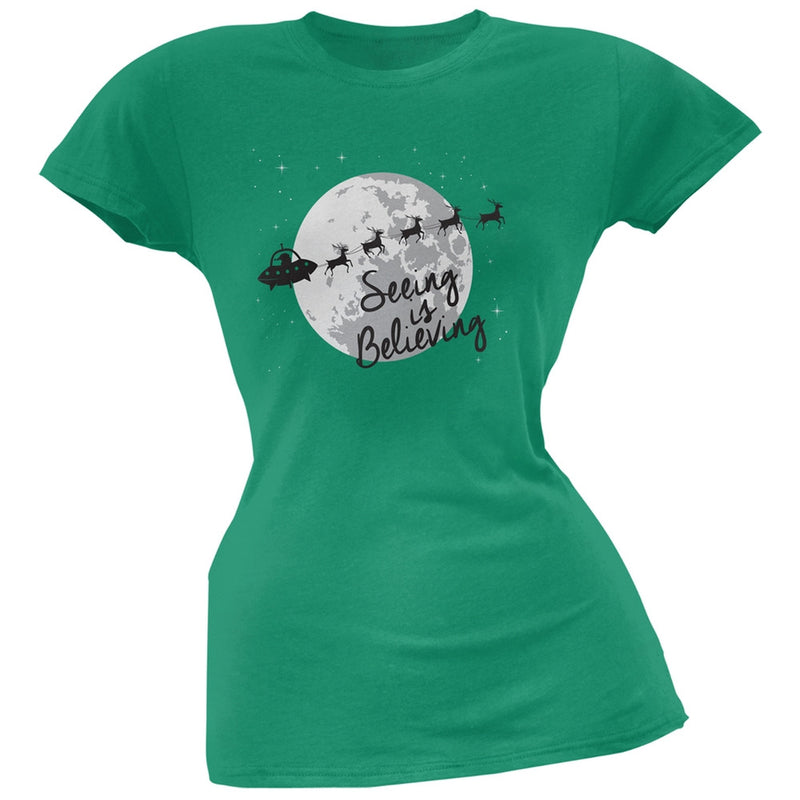 Seeing Is Believing Alien Santa Blue Soft Juniors T-Shirt Juniors T-Shirts Old Glory
