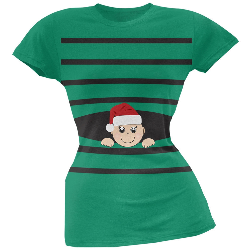 Striped Peeking Christmas Santa Hat Baby Green Soft Juniors T-Shirt Juniors T-Shirts Old Glory