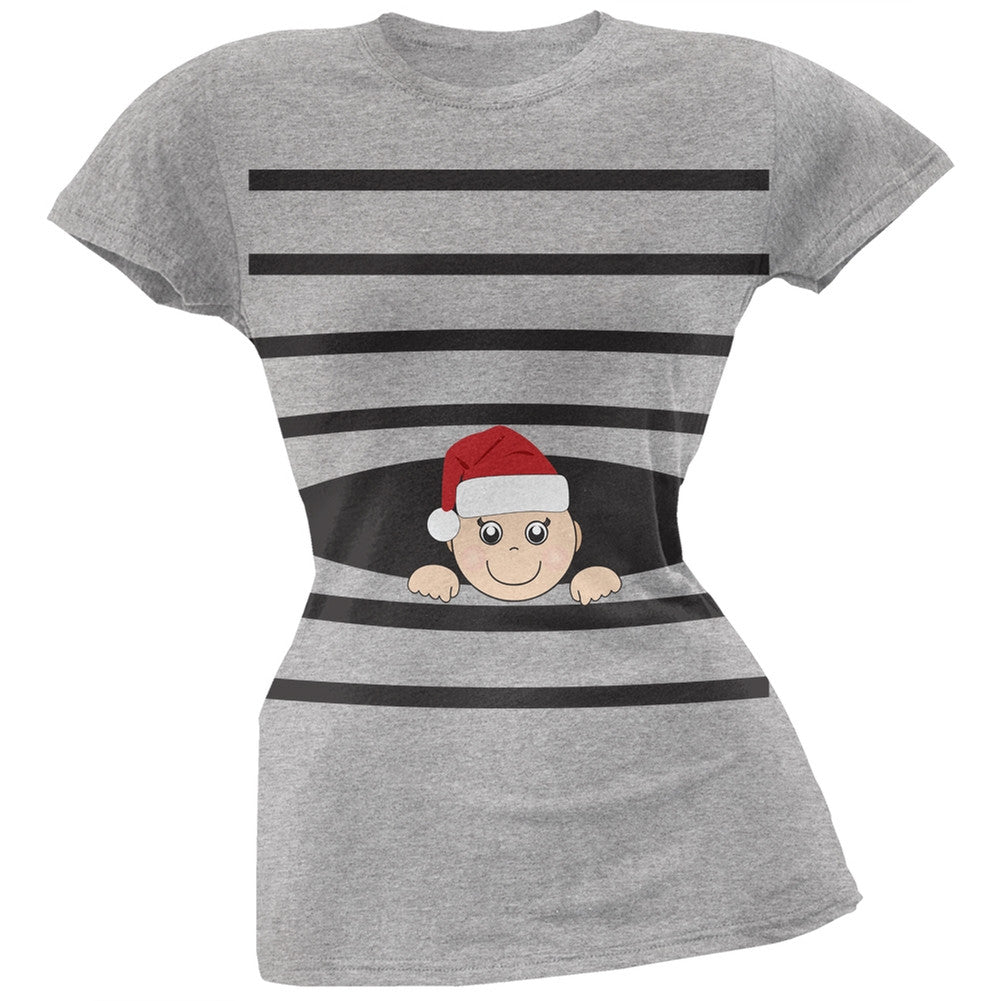 Striped Peeking Christmas Santa Hat Baby Green Soft Juniors T-Shirt Juniors T-Shirts Old Glory