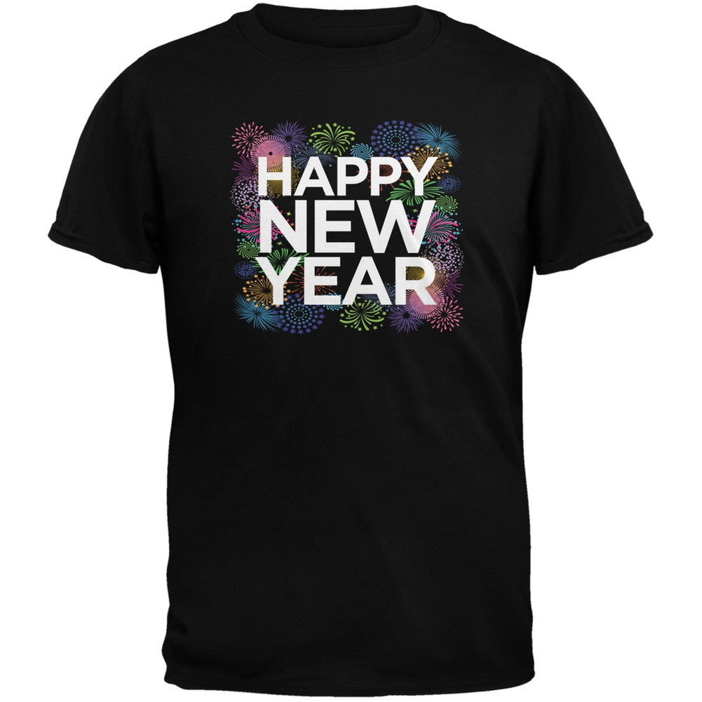 Happy New Year Fireworks Black Adult T-Shirt Men's T-Shirts Old Glory