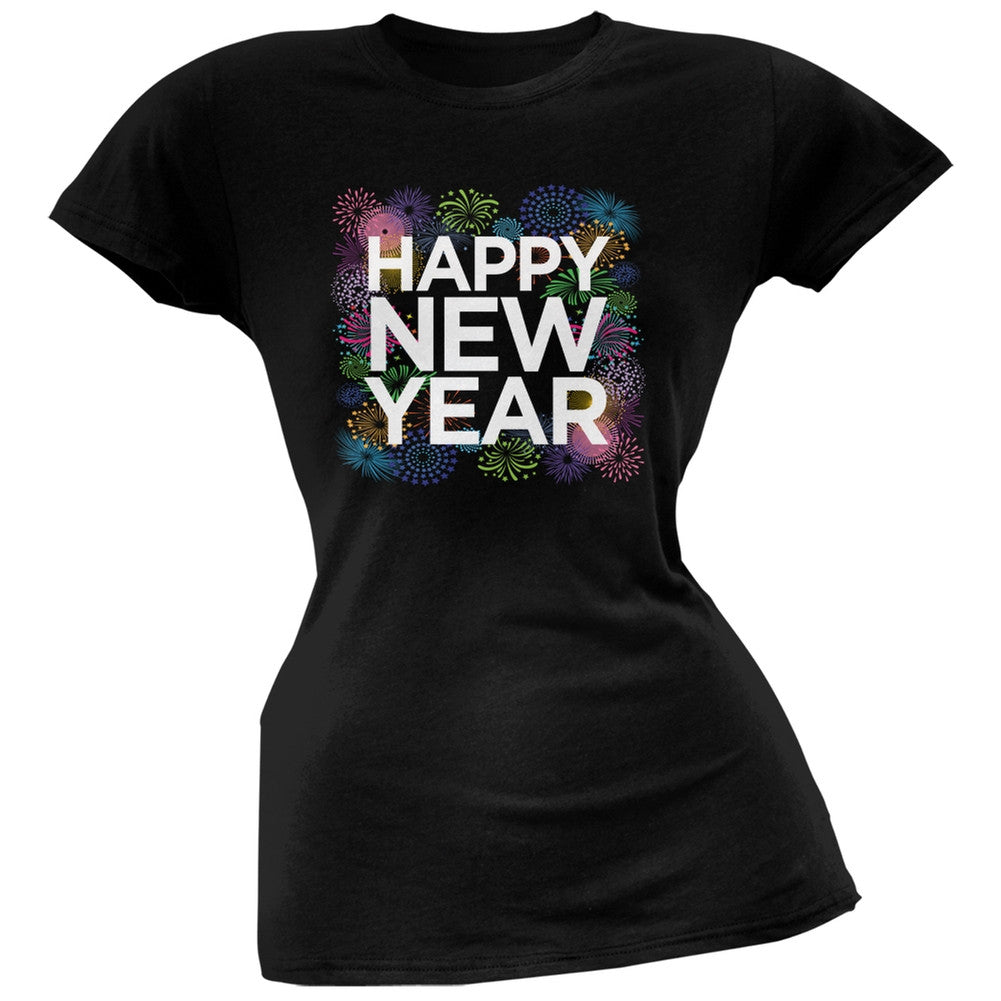 Happy New Year Fireworks Black Soft Juniors T-Shirt Juniors T-Shirts Old Glory