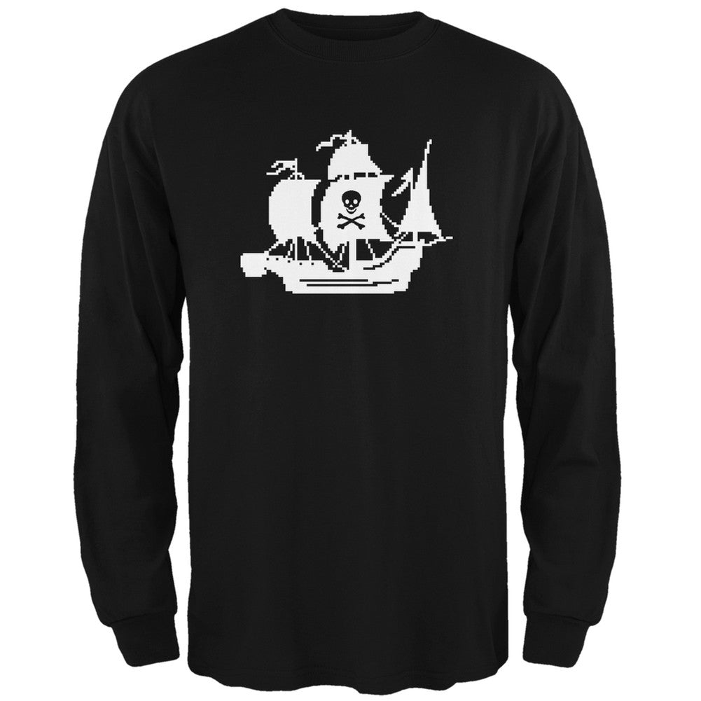 8-Bit Pirate Ship Black Adult Long Sleeve T-Shirt Men's Long Sleeves Old Glory 2XL Black