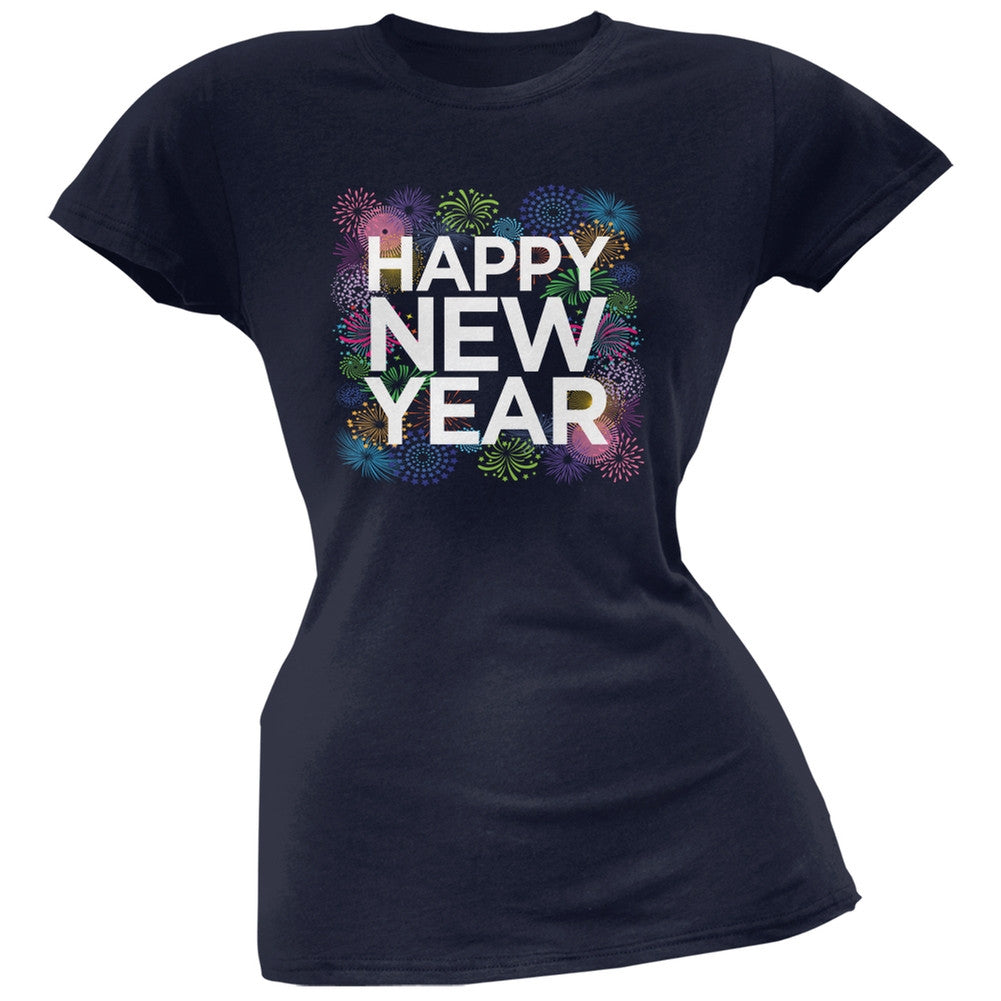 Happy New Year Fireworks Black Soft Juniors T-Shirt Juniors T-Shirts Old Glory