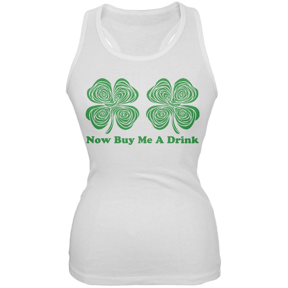 St. Patricks Day - Hypnotic Shamrocks Buy Me a Drink White Juniors Tank Top Juniors Tank Tops Old Glory 2XL White
