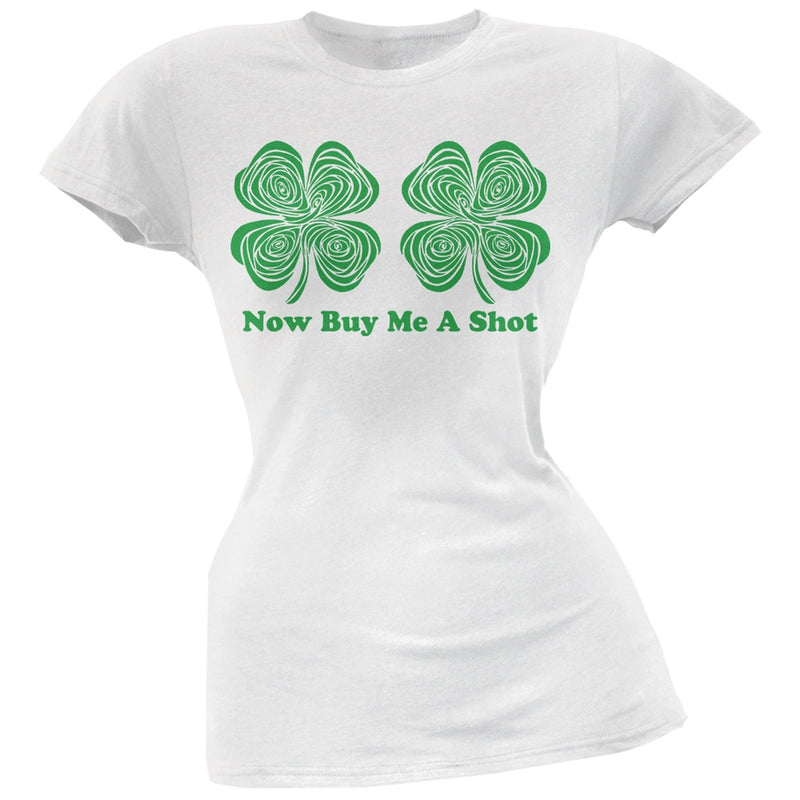 St. Patricks Day - Hypnotic Shamrocks Buy Me a Shot Black Juniors T-Shirt Juniors T-Shirts Old Glory