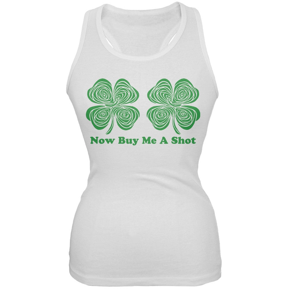 St. Patricks Day - Hypnotic Shamrocks Buy Me a Shot White Juniors Tank Top Juniors Tank Tops Old Glory 2XL White