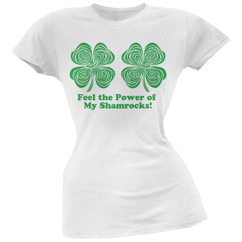 St. Patricks Day - Feel the Power Hypnotic Shamrock Juniors V Neck Soft T-Shirt Juniors T-Shirts Old Glory