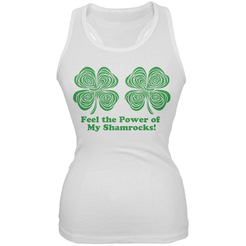 St. Patricks Day - Hypnotic Shamrocks Feel the Power White Juniors Tank Top Juniors Tank Tops Old Glory 2XL White