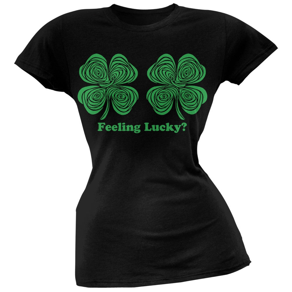St. Patricks Day - Hypnotic Shamrocks Feeling Lucky Black Juniors T-Shirt Juniors T-Shirts Old Glory