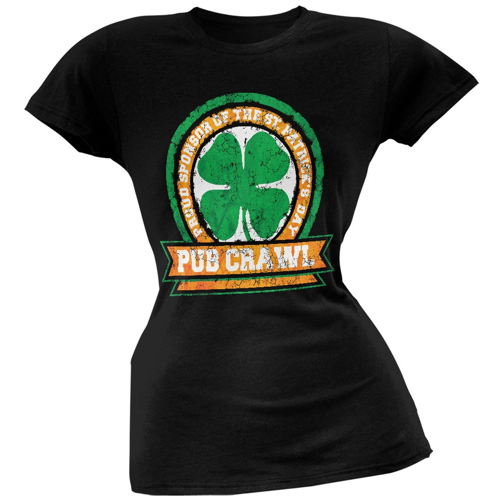 St. Patricks Day - Pub Crawl Distressed Black Soft Juniors T-Shirt Juniors T-Shirts Old Glory