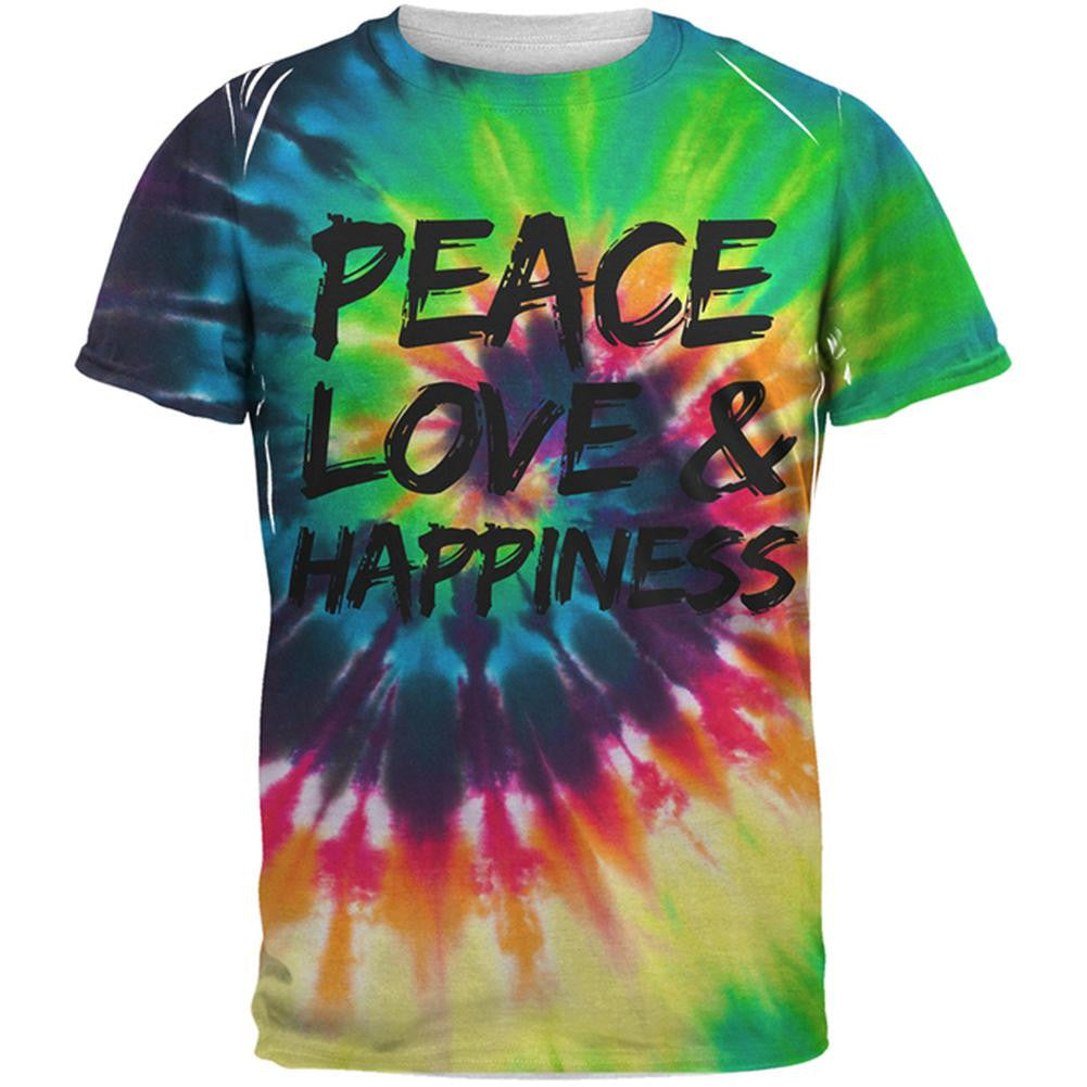 Peace Love & Happiness Tie Dye All Over Adult T-Shirt Men's T-Shirts Old Glory 2XL Multi