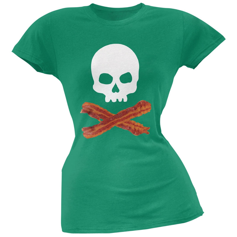 Bacon Skull And Crossbones Black Soft Juniors T-Shirt Juniors T-Shirts Old Glory 2XL Dark Green