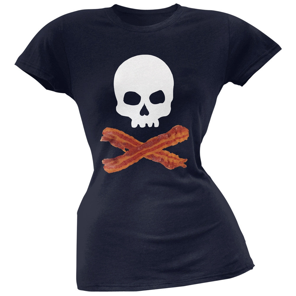 Bacon Skull And Crossbones Black Soft Juniors T-Shirt Juniors T-Shirts Old Glory 2XL Dark Blue