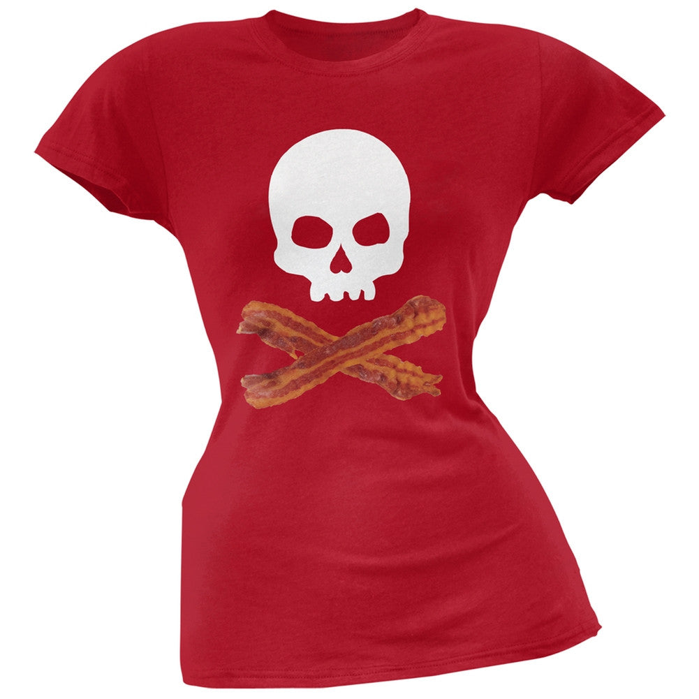Bacon Skull And Crossbones Black Soft Juniors T-Shirt Juniors T-Shirts Old Glory 2XL Red