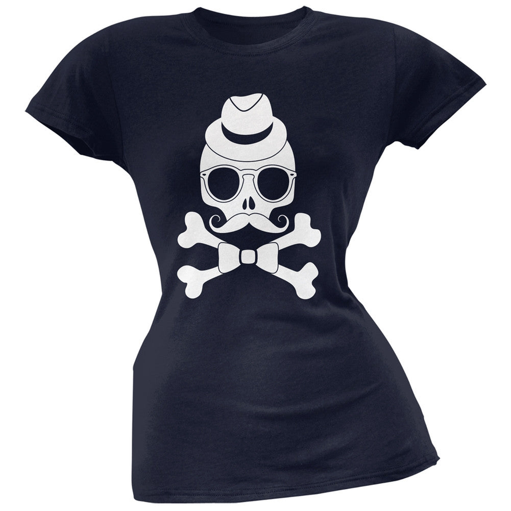 Hipster Skull And Crossbones Navy Soft Juniors T-Shirt Juniors T-Shirts Old Glory