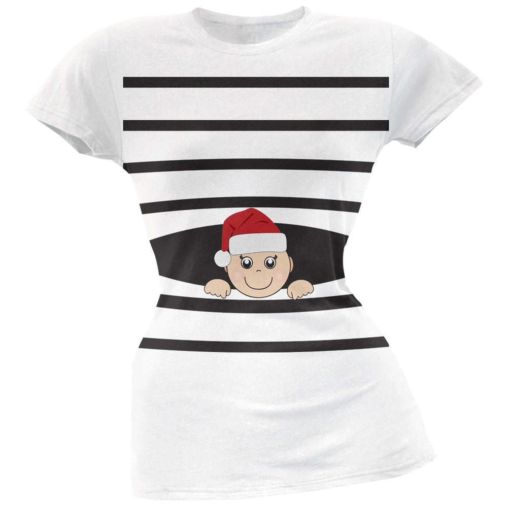 Striped Peeking Christmas Santa Hat Baby Green Soft Juniors T-Shirt Juniors T-Shirts Old Glory