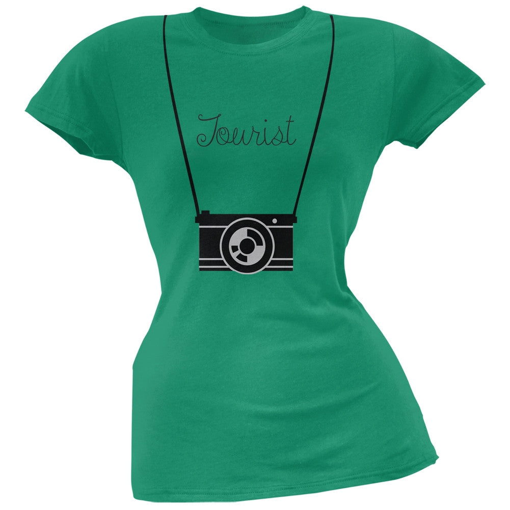 Tourist Hanging Camera Green Soft Juniors T-Shirt Juniors T-Shirts Old Glory