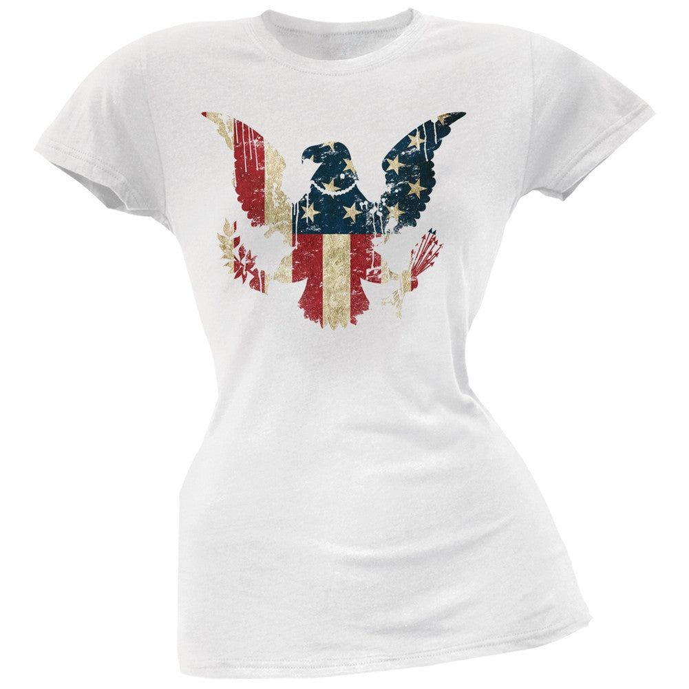 Eagle Distressed Flag White Soft Juniors T-Shirt Juniors T-Shirts Old Glory 2XL White