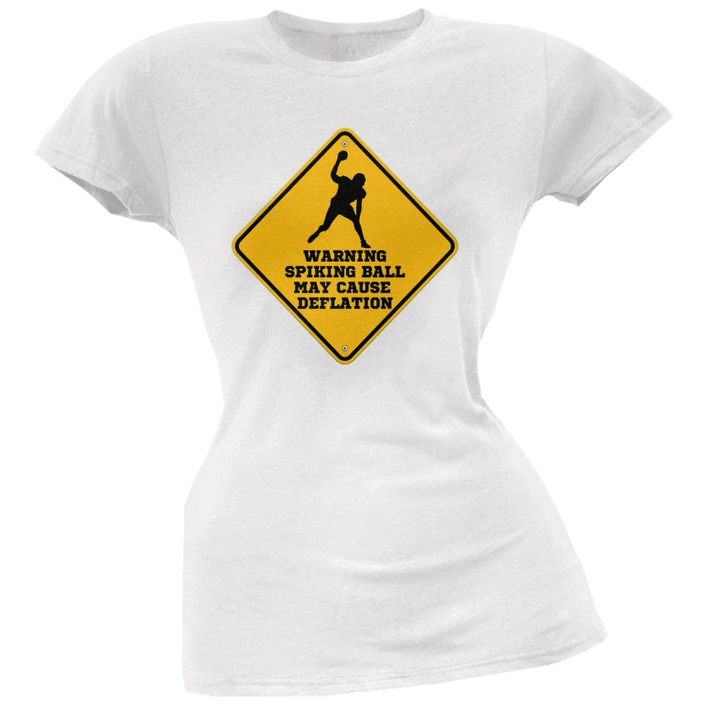 Warning Spiking Ball May Cause Deflation White Soft Juniors T-Shirt Juniors T-Shirts Old Glory 2XL White