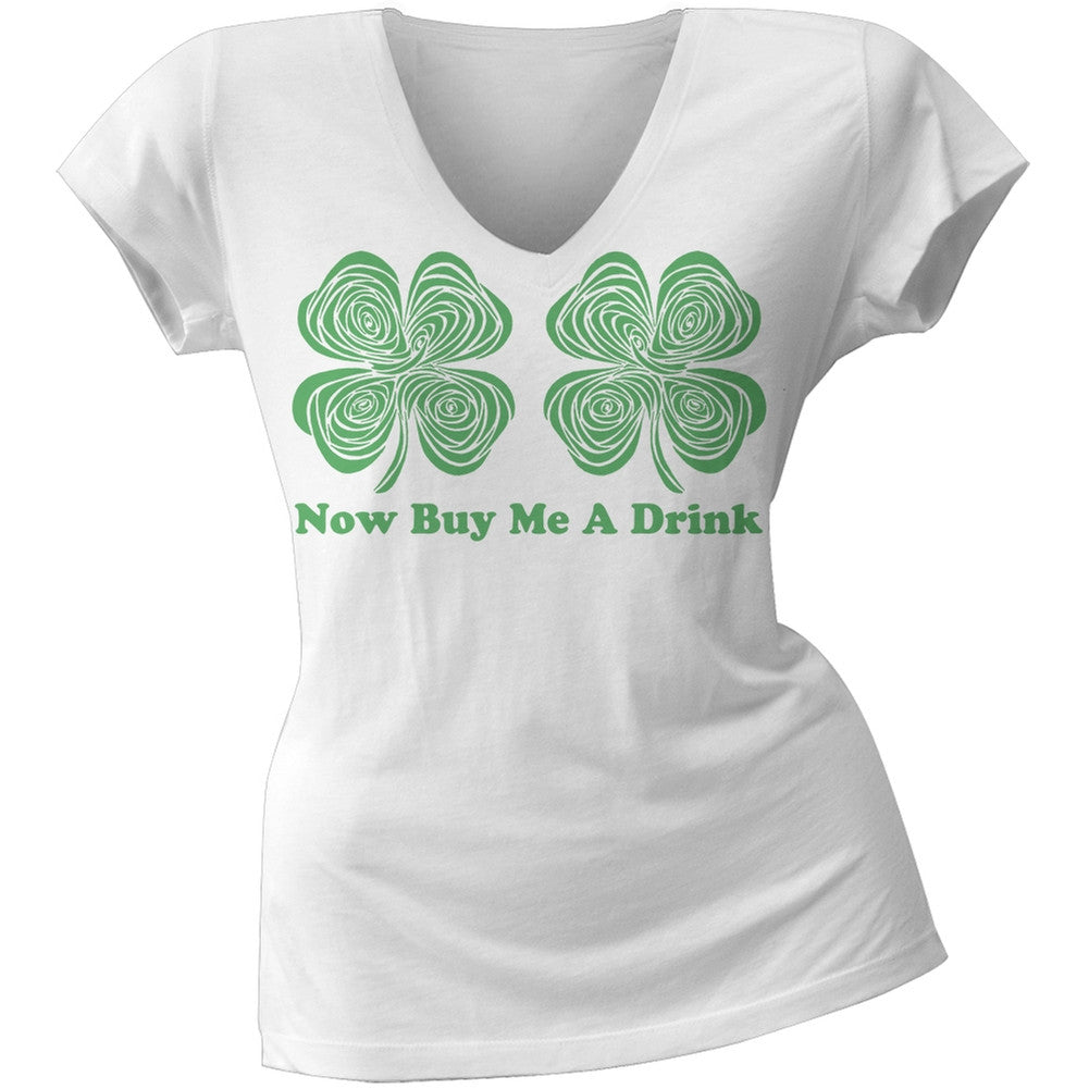 St. Patricks Day Now Buy Me a Drink Shamrocks Black Juniors V-Neck Soft T-Shirt Juniors T-Shirts Old Glory