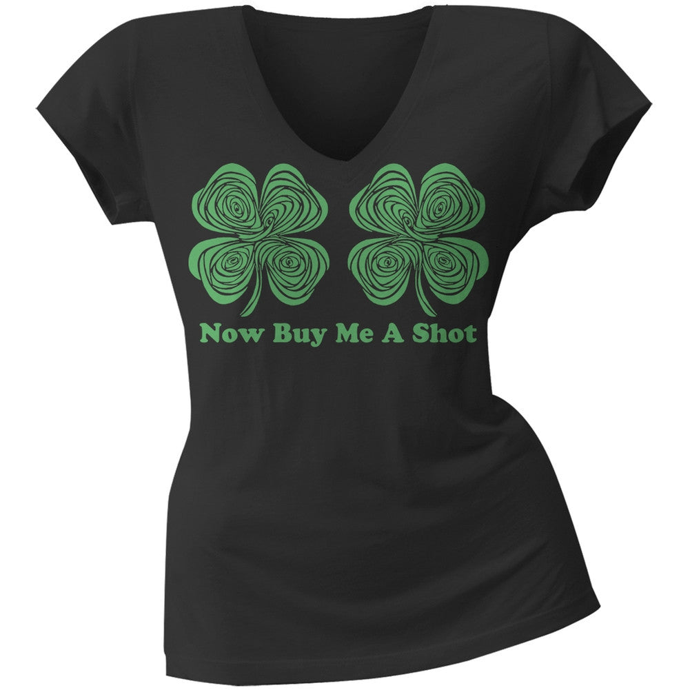 St. Patricks Day - Now Buy Me a Shot Hypnotic Shamrocks Juniors V-Neck T-Shirt Juniors T-Shirts Old Glory