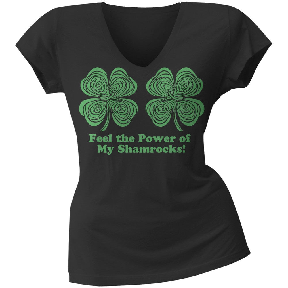 St. Patricks Day - Feel the Power Hypnotic Shamrock Juniors V Neck Soft T-Shirt Juniors T-Shirts Old Glory