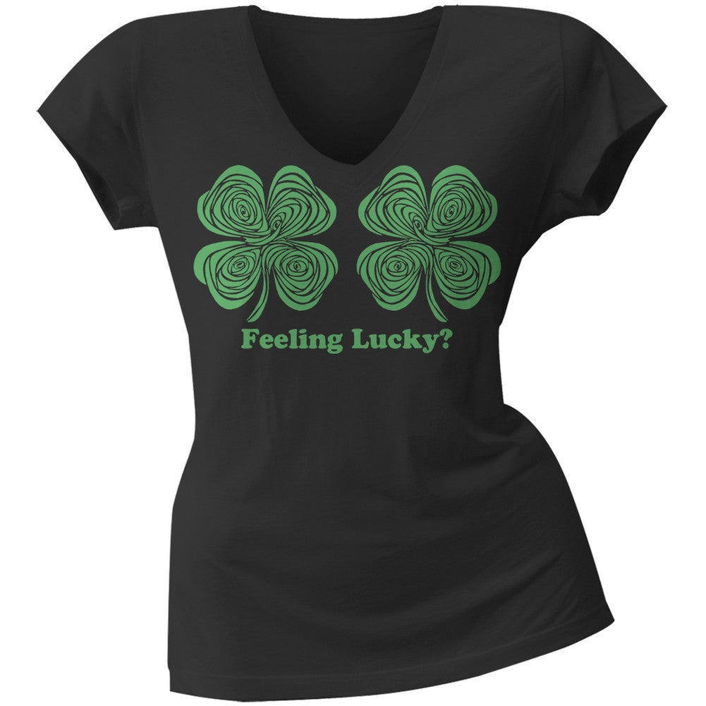 St. Patricks Day - Hypnotic Shamrocks Feeling Lucky Black Juniors T-Shirt Juniors T-Shirts Old Glory