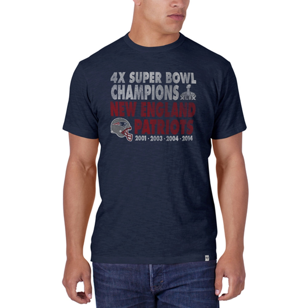 New England Patriots - Four Time Champions Dates Logo Navy Premium T-Shirt Men's T-Shirts New England Patriots 2XL Blue