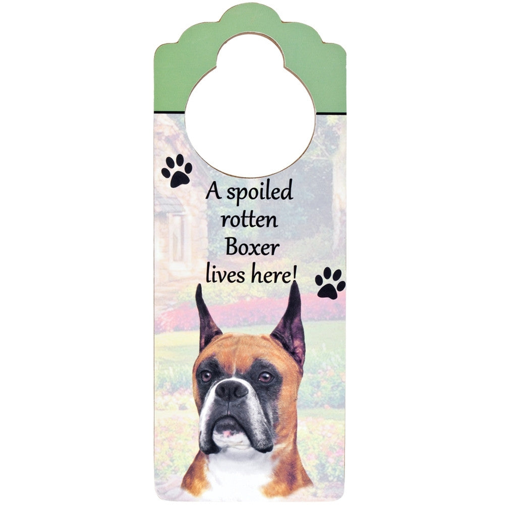 A Spoiled Boxer Cropped Lives Here Hanging Doorknob Sign Door Hangers AnimalWorld