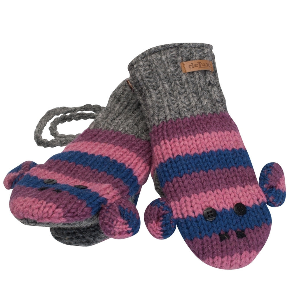 Purple Stripe Sock Monkey Kids Knit Mittens Gloves Animalworld