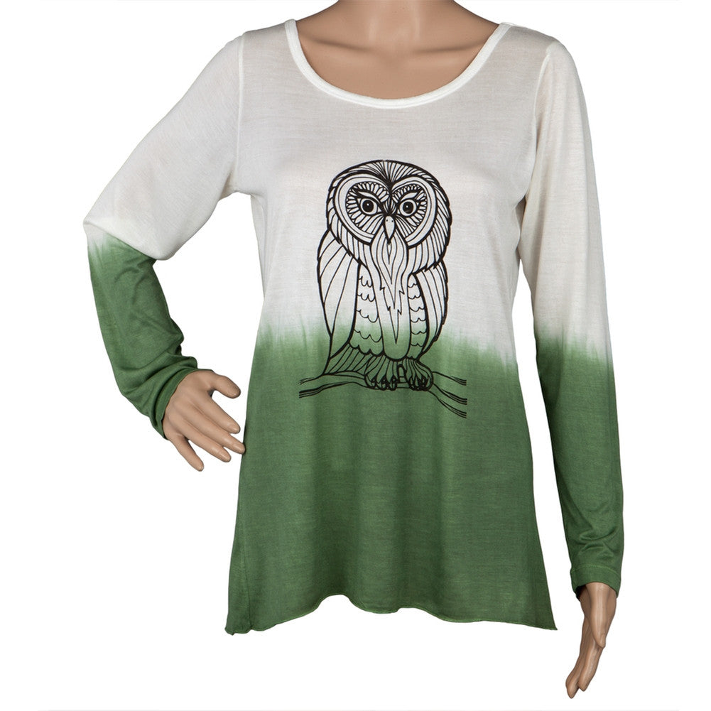 Owl Profile Light Green Tie-Dye Juniors Long Sleeve T-Shirt, image size:1001x1001