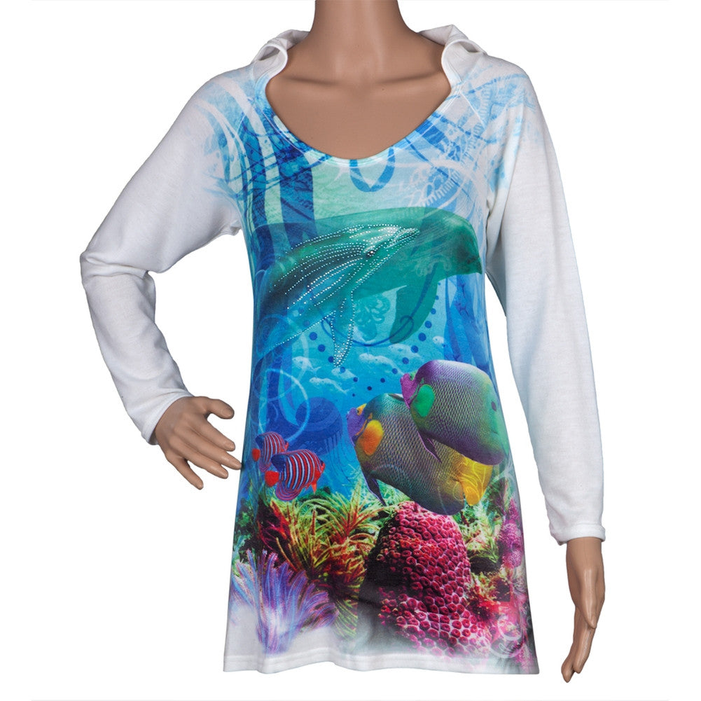 Dolphins In Coral Juniors Hooded Long Sleeve T-Shirt Long Sleeve T-Shirts Animalworld