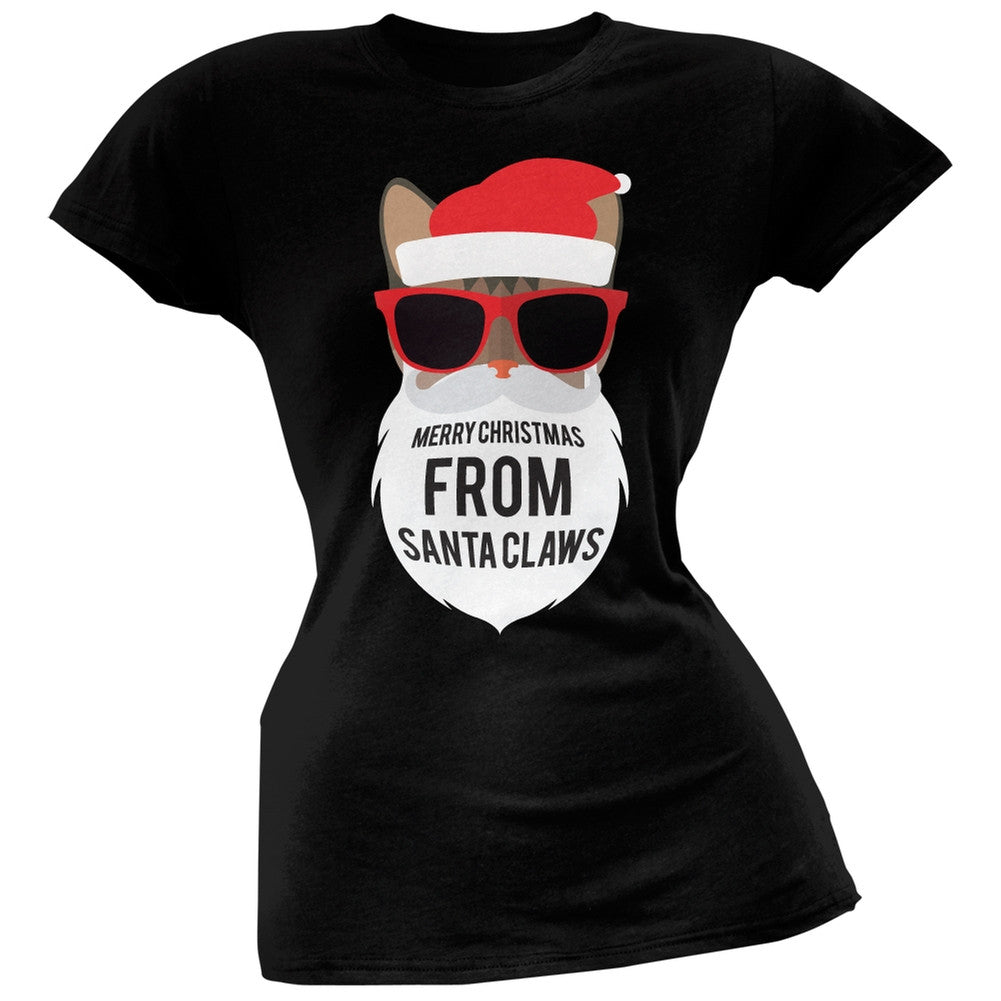 Cat Santa Ugly Christmas Sweater Juniors Black T-Shirt Juniors T-Shirts Old Glory
