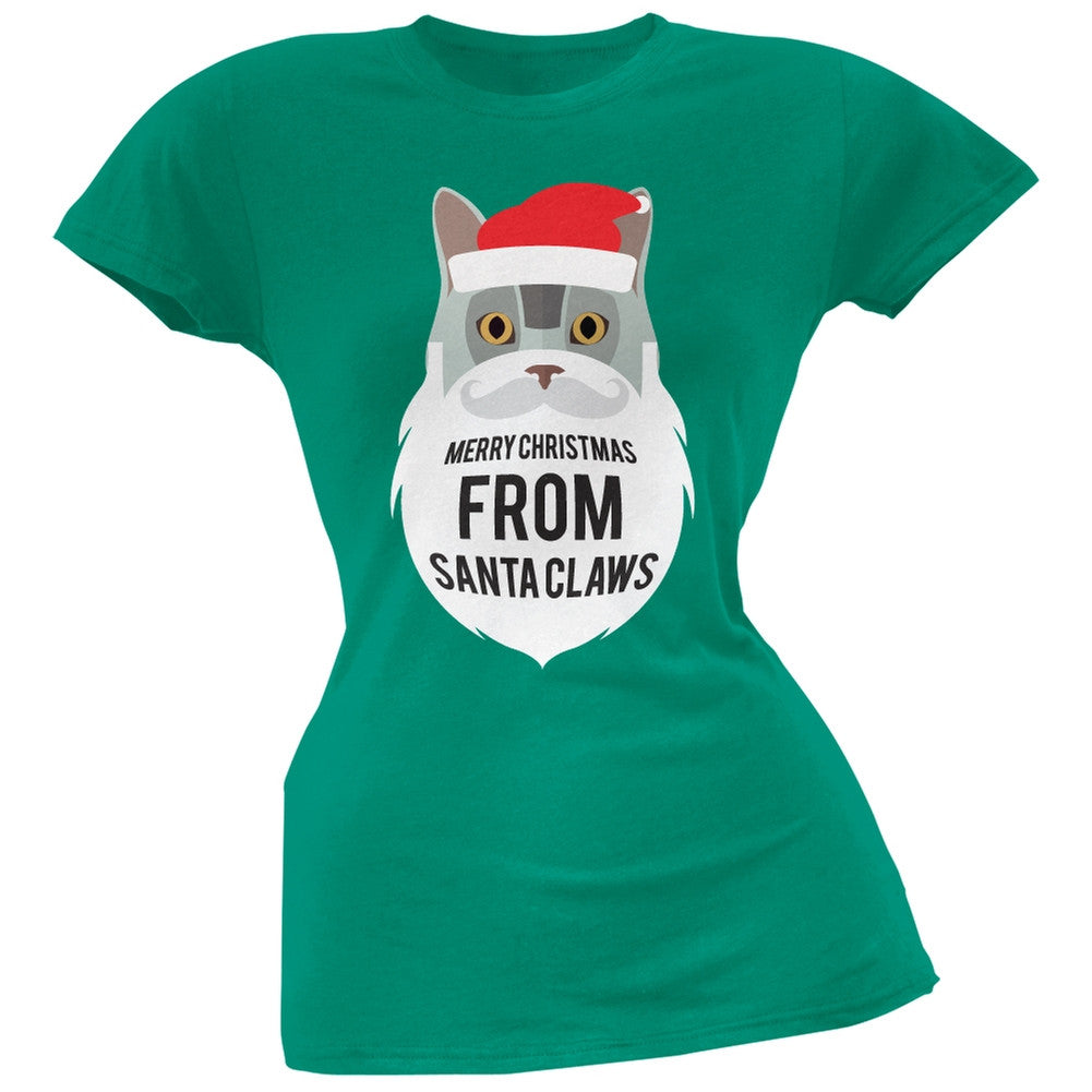 Grey Cat Santa Ugly Christmas Sweater Juniors Green T-Shirt Juniors T-Shirts Old Glory
